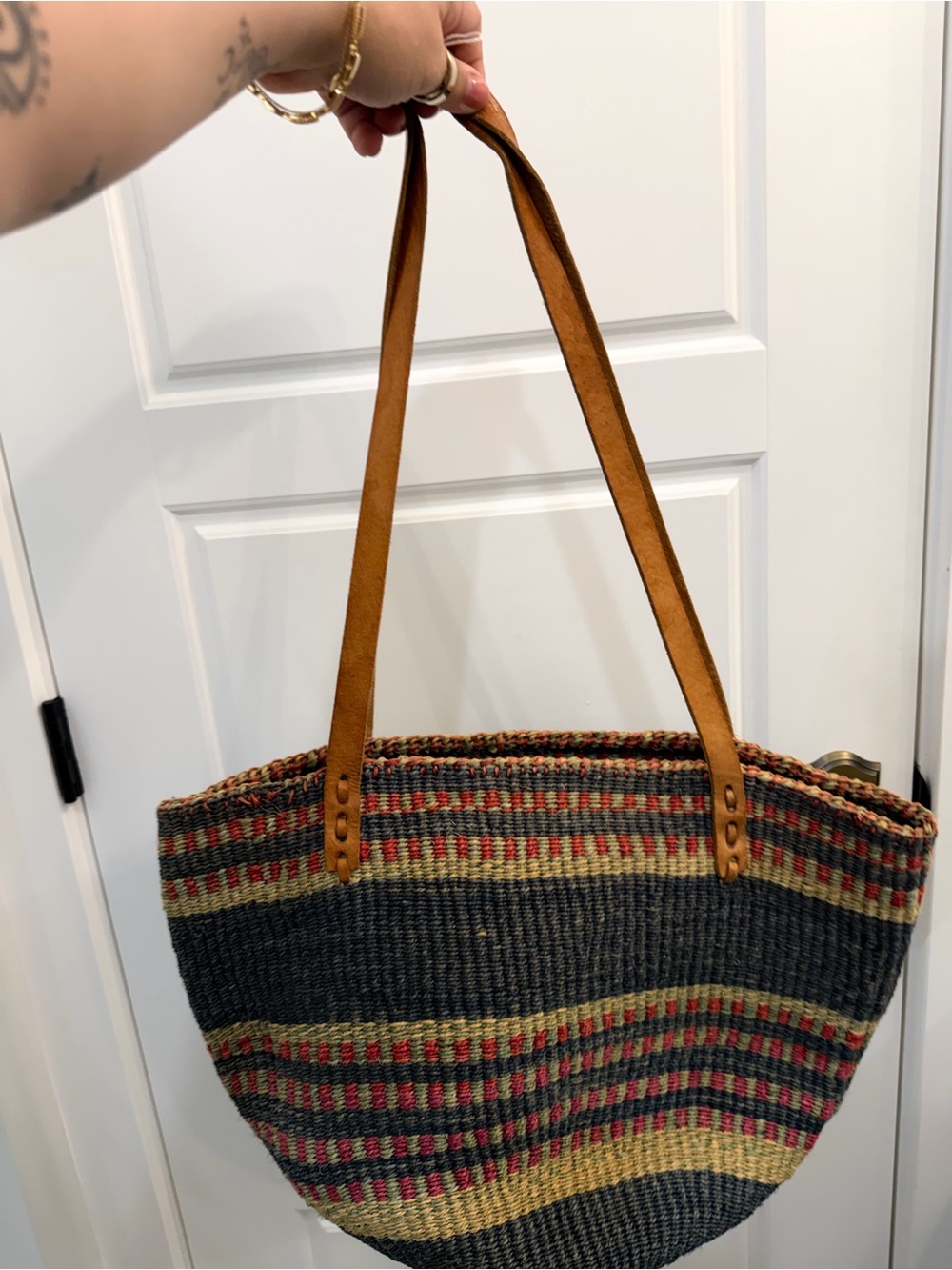 Vintage Woven Straw Tote Bag with Tan Leather Straps - Multicolor